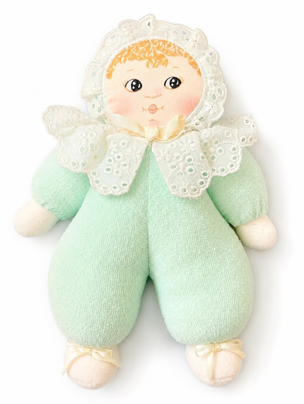 Vtg 1990 Russ Berrie Plush Baby Doll Rattle Mint Green Eyelet Bonnet Lovey Toy